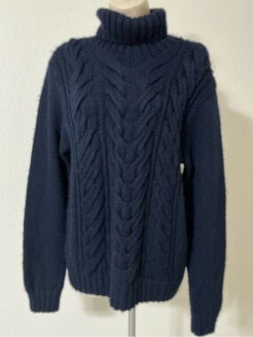 VTG Brooks Brothers Handknit Alpaca Cable Knit Turtleneck Sweater Navy Blue Med